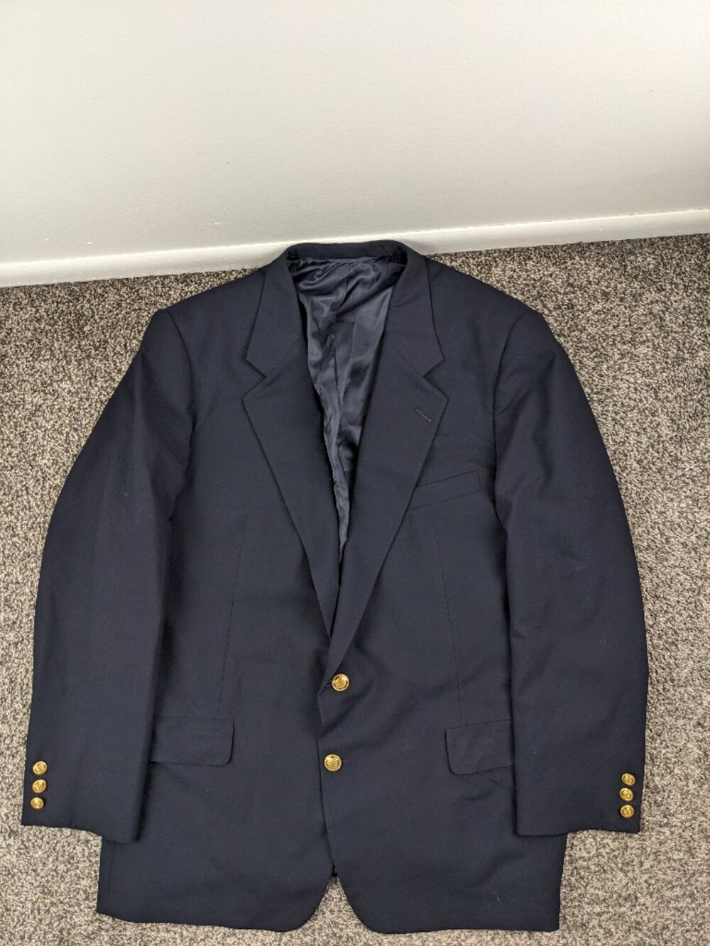 Bespoke Vintage Hickey Freeman Blazer Wool Gold Button Navy Blue 48R USA Made